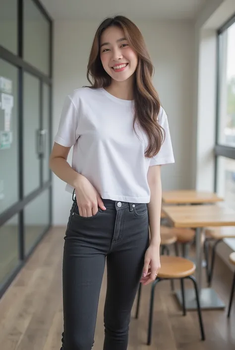  Korean girl with long hair ,  Natural Brown Hair ,   medium chest,  Smiling, seeing white teeth,  Wear a white cropped T-shirt with a round neck, short sleeves,  Long black jeans, RANDOM GESTURES, stand ,  Daylight  ,  daylight  ,That in the cafe  , weari...