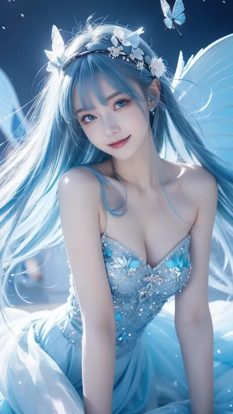 magical, lightblue hairs, teenager,blue eyes, anime, female, longhairs, tidy, fantacy,blue tone, glowing blue butterfly, beautiful, blur behide, deity, goddess, feel lonely, fantacy land, deity land, god land, angle, dream, more butterflys,crystal flowers,...