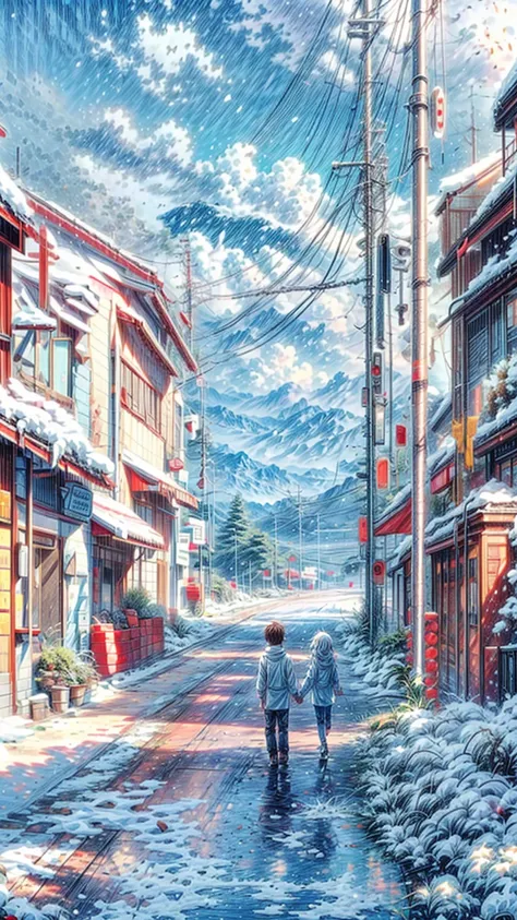 A girl walking with her boyfriend on this road (wearing winter white,red and sky blue clothes both, girl age s and boy age 18 years), wallpaper (high details, HD images, anime style, 4k image quality, master peace wallpaper, beautiful scene),Thick white an...