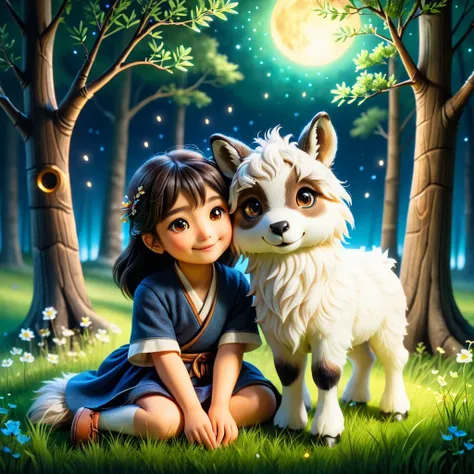 A heartwarming illustration of ((a wolf and a goat)) as adorable and friendly characters, inspired by the story One Stormy Night (Arashi no Yoru Ni). The wolf has soft, fluffy fur and gentle eyes, while the goat is cheerful with a bright, kind expression. ...