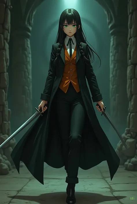 The image is (A (severus snapes daughter:(european girl,black hair, green eyes)( style with shadows and dim lights, anime style although somewhat  and dark, It shows a female android in a copper-colored suit., who appears to be 2, She has straight black br...