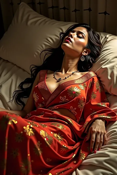 Hot girl in saree and red lips, sleeping on bed while moaning with wide mouth open and  dripping on mouth to breasts