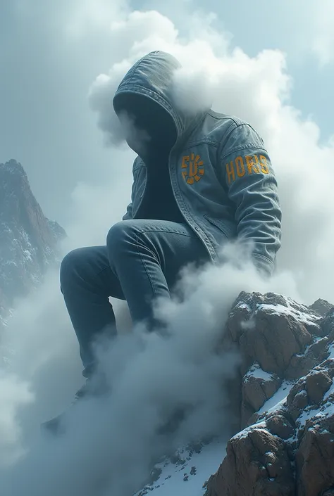 Create Enemy Sittiing on a mountain jacket that says ” HARIS ” create a 3d image of teenager wearing a all around white smoke  artistically forming a name