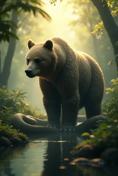 Create a prompt for an image of a atmospheric touch. Sunlight filters hybrid between a bear and an snake that heighten the tension the enco using the same background as before