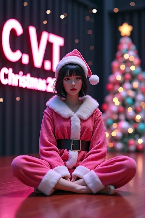 Photography wide angle view of a pretty thai k-pop girl ( Lisa style) short messy hair wear a pink shiny Santa Claus costume relaxed sitting legs crossed on top of the large  modern text "C.V.T." and " Christmas2025" Christmas theme, high definition,text c...