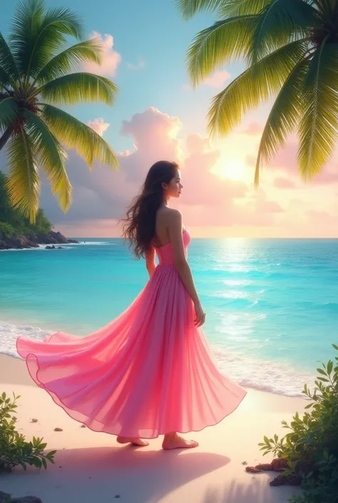 A woman in a pink dress stands on the beach, with a gradient sky as the backdrop. Beautiful blue sea, white sand, coconut trees and the sun add to the tropical atmosphere.