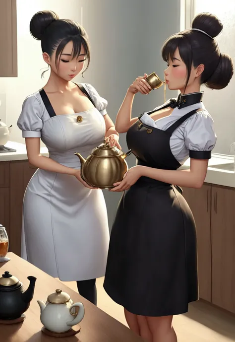 an asian woman bending wearing a maid dress holding big tea pot in her hands. her hair is in a neat and big bun. pouring tea from tea pot into a cup on a table. bending over while standing up to pour tea into a cup on a table. standing in the kitchen. mode...