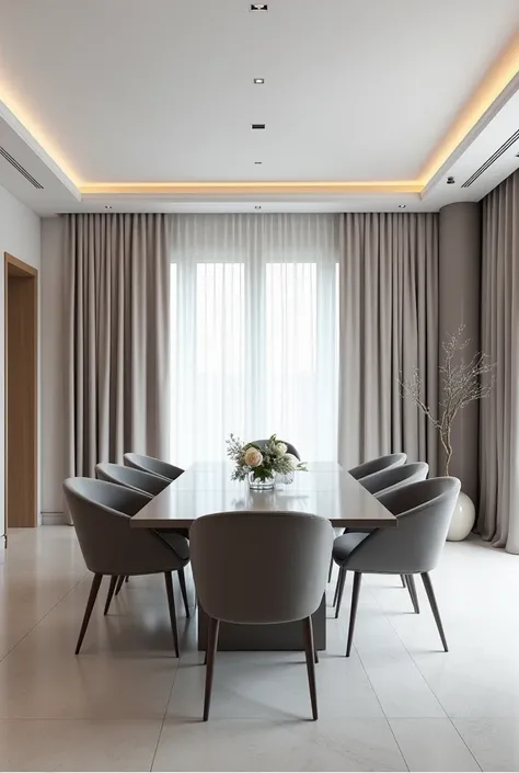 PROFESSIONAL ARCHITECTURAL 3D RENDERING OF THE INTERIOR DESIGN OF A VERY MODERN AND MINIMALIST AND STYLISH  Dining ROOM WITH MODERN AND STYLISH AND MINIMALIST FURNITURE IN GLOSSY GRAY AND MORE EXPENSIVE AND GLOSSY VELVET AND CURTAINS MADE OF WHITE SILK AND...