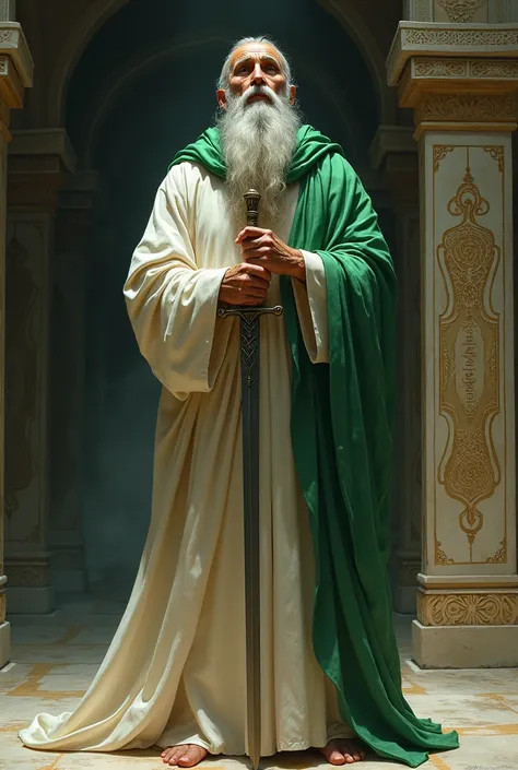 Sufi saint full body  wear a green shawl on and white dress and hold a sword stand on the floor in tomb