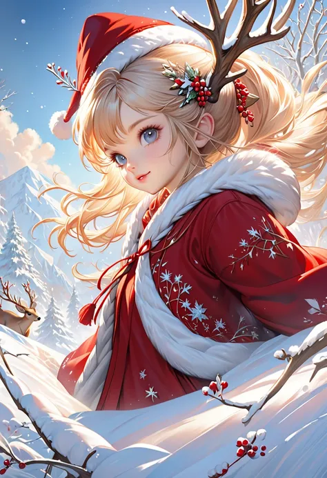 blond smiling girl in a red coat and santa hat with a deer, realistic cute girl painting, cute artwork, elf girl, cute digital art, karol bak uhd, cute detailed digital art, beautiful artwork, adorable digital painting, beautiful cute, beautiful digital ar...