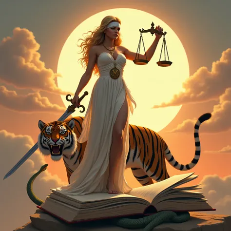  The Goddess Themis of Justice,  with a curvaceous body and showing her wide hips , and sturdy legs ,  and with long, wavy gold-colored hair , and wearing a white dress , and with soft and smooth skin ,  with the other hand and holding a long sword , and h...