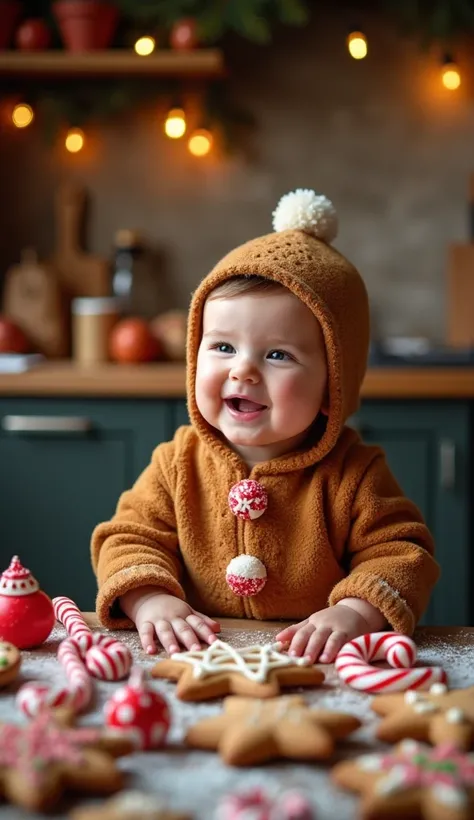 A giggling baby in a gingerbread cookie costume, the icing details looking textured and realistic, with soft, velvety edges. The baby is surrounded by vibrant candy canes, glossy gumdrops, and intricately designed festive cookies in a cozy kitchen. The env...