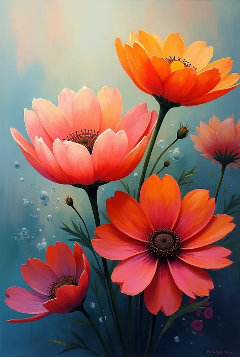 Interior art painting with expressive flowers and beautiful but blurred background