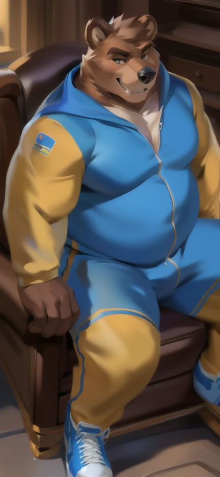 Solo, male Tall​ ,huge​ body​,​ Chair Ride ,den,Holding a crocodile mascot costume , big bear,blue Tracksuit soldier , Wear combat shoes, overweight, muscular, Smirking​ , by chunie