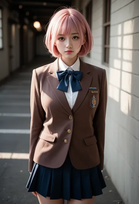 Idol-like face、 pink hair、Big Breasts、 high school girl、whole body、 gal、Cute mini skirt、Brown uniform、Brown blazer、 Japanese、Age 30、 short hair、((  Delicate Facial Features ,  since age 27)), Dramatic lighting ,  realistic  , 8k,  dramatic shadows ,  Intri...