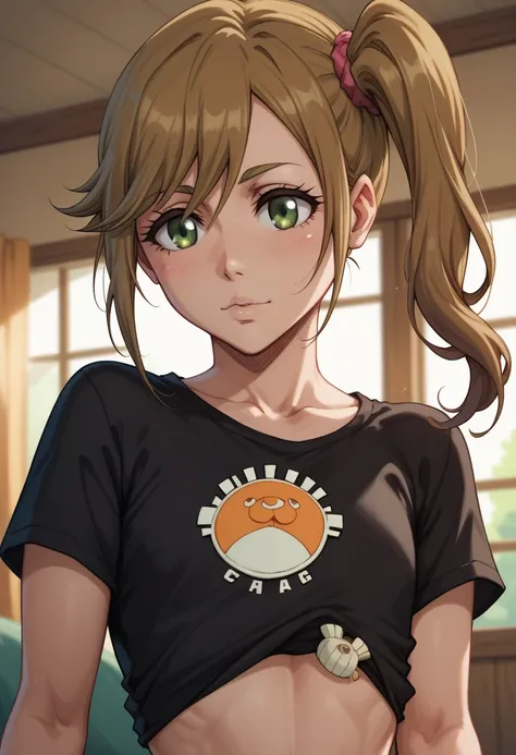 Aoi Inuyama (Yuru Camp) with long greenish brown hair (its edges fade to a blonder shade) kept in a side ponytail on the left. Large green eyes. Flat chest. Black shirt. (Bleach art style)