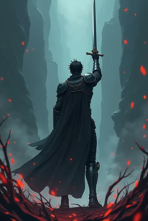 anime style, dark fantasy, man in lite armor, back view, one sword raised in the air