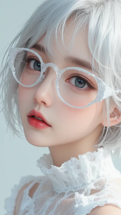 ((a close up of a womans glasses and a white dress, realistic painting inspired by Jung Young-joons work, cgs society contest winner, aestheticism, girl with short white hair, white glasses, white bang, girl with white hair, perfect gray-haired girl, glass...