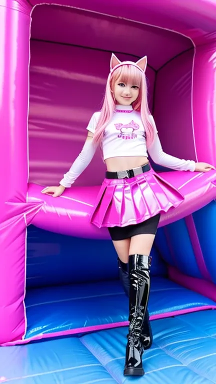  teenager with pink hair,  slim model , Latex top pink  , pleated latex skirt pink , latex arm warmer  ,  knee-high latex boots, Cat ears, bouncy castle, realistic