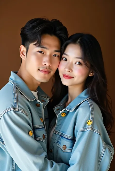 A handsome Korean young man with facial features similar to a well-known Korean celebrity is embracing his beautiful girlfriend in a cozy photoshoot. The man has a strong, defined jawline, high cheekbones, and expressive almond-shaped eyes that convey warm...