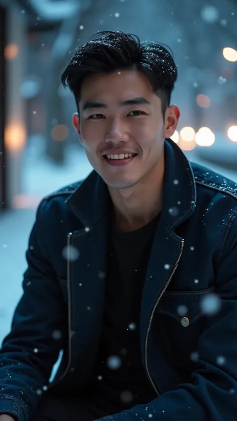 korean man very handsome, beautiful, casual dress, sitting, smiling a little at night, snowfall, close-up