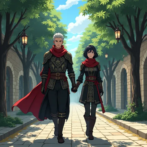 Vinland saga animated makoto yukimora series, masterpiece high resolution , empty medieval fantasy empire streets , with trees and plants , and lights , with a strong semi muscular knight rogue and his beautiful wife , deep in love , holding hands , walkin...