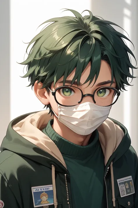 man, Age 20 years, glasses,  short hair,  dark green hair,  green eyes, mask/sale/face mask, Hood not on,  Looking at the viewer,  The best quality , HD model, 