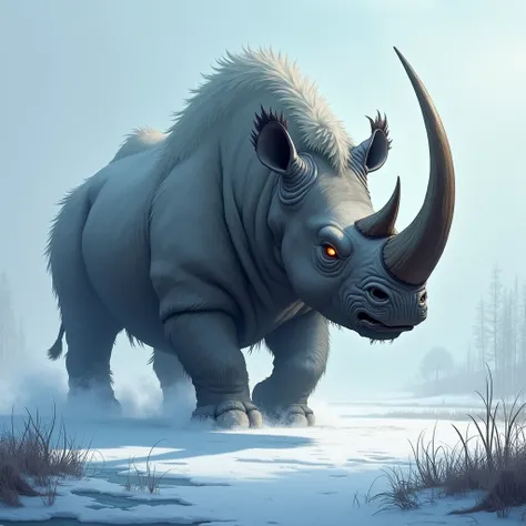 An Elasmotherium (#E009), a giant Ice Age rhinoceros, stomps through a frozen marshland. Its shaggy fur and massive single horn stand out against the snow. Its glowing eyes reflect anger, and its breath steams in the cold.