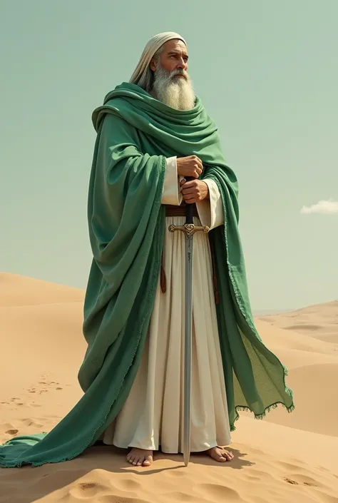 Sufi saint full body  wear a green shawl on and white dress and hold a sword stand on the floor in desert 