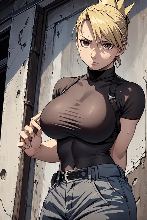 masterpiece,  top quality ,  high res,  One Girl , Hamriz,  ponytail,  brown eyes,big ,   black shirt  ,   Tight Shirt  , , Short sleeve, belt,  covered navel , blue pants ,indoor、 upper body close-up、 muscular body flowing through a bowl、、sweat、Compositio...