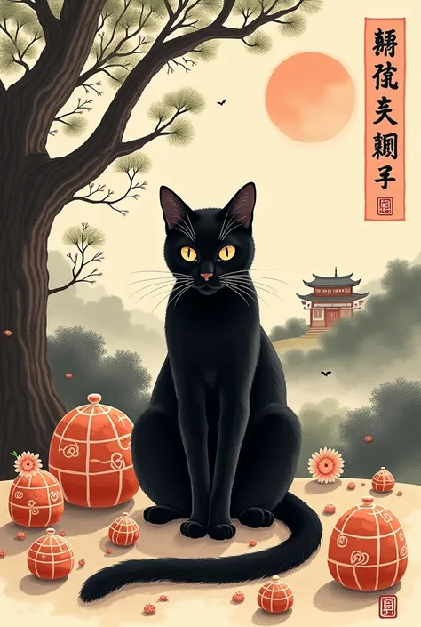  New Years ink painting 、A black cat with beautiful eyes 、New Year&#39;s pine decoration、Kagami mochi、 Japanese landscape 、Japanese house、 beautiful first sunrise light