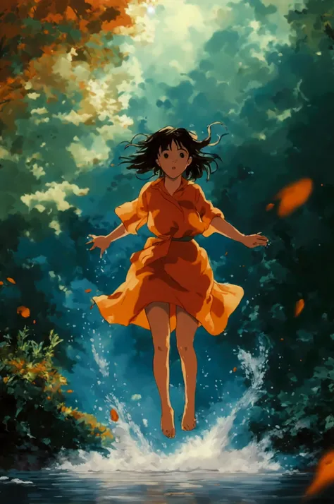 Girl jumping while bathing in the splashes of water in the woods、Ghibli style