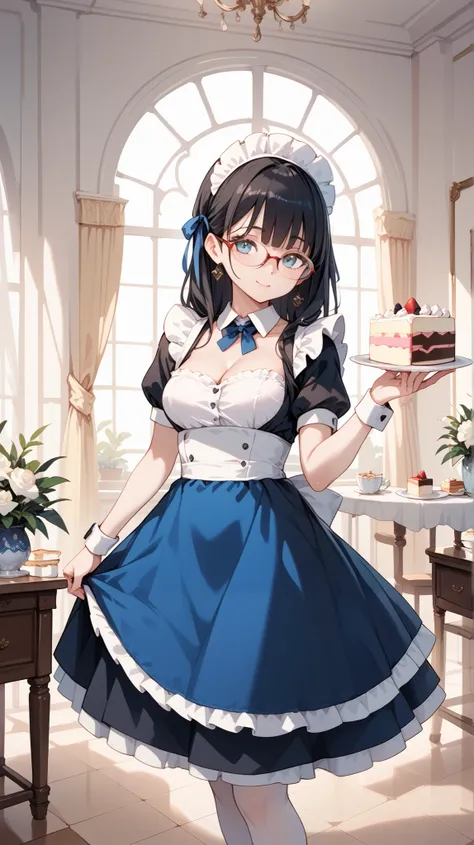 Black hair, glasses, maid uniform, cutting the cake