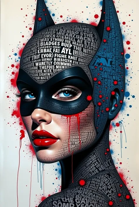 A striking portrait of Batman figure composed entirely of fragmented text and bold letters, arranged artistically to form the contours of her face. Her piercing blue eyes, partially obscured by a black, mask-like area of text, convey a sense of intrigue an...