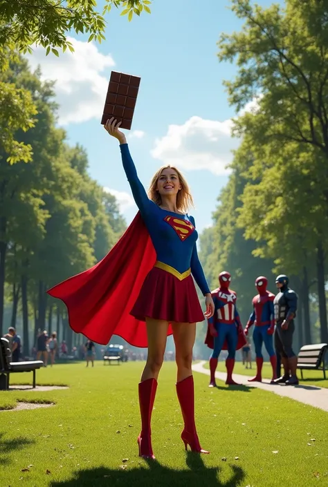 Supergirl lands gracefully in a bright, sunlit park surrounded by tall trees. The sky is clear with a few fluffy clouds, and the ground is covered in soft grass. She stands confidently with a wide smile, holding up a giant chocolate bar in her hand, catchi...