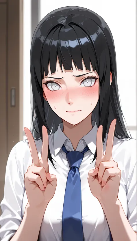 score_9, score_8_up, score_7_up, intricate details,
1girl, hinata hyuuga, naruto shippuden, black hair, long hair, bangs, white eyes, collared shirt, white shirt, blue necktie, embarrassed, blush, double V gesture 