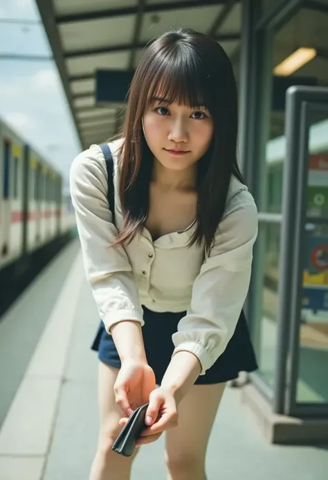   she is wearing an open blouse and miniskirt in her company uniform while picking up a wallet she dropped while commuting by train 、 Im wearing an open chest blouse and miniskirt in my company uniform  、  while standing and leaning forward  、I wear an ope...