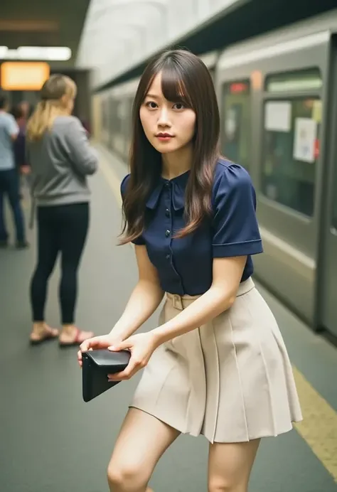   she is wearing an open blouse and miniskirt in her company uniform while picking up a wallet she dropped while commuting by train 、 Im wearing an open chest blouse and miniskirt in my company uniform  、  while standing and leaning forward  、I wear an ope...