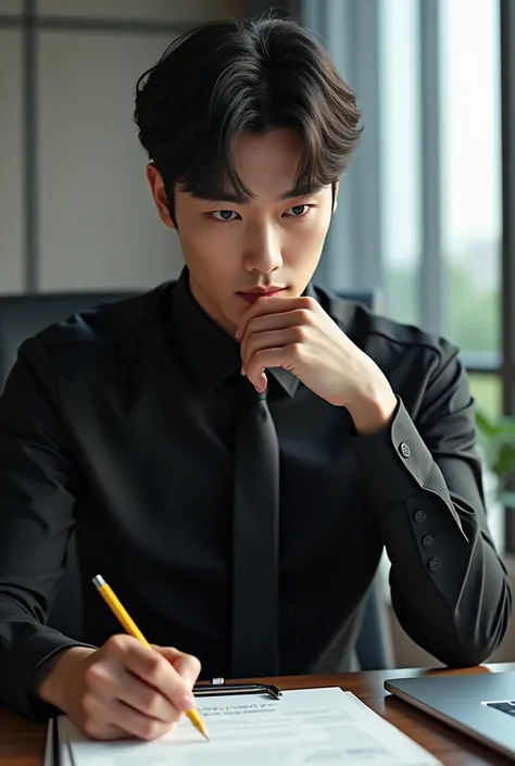 Photo A male K-Pop idol sitting at his corporate desk ,  he wears a black shirt and black tie he also plays a pencil while staring intently ahead