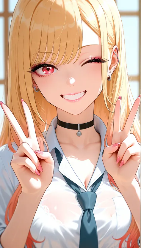 score_9, score_8_up, score_7_up, intricate details,
1girl, kitagawa marin, sono bisque doll wa koi wo suru, blonde hair, long hair, slight wavy hair, red eyes, ear piercing, barbell piercing, black choker, collared shirt, white shirt, earrings, blue neckti...