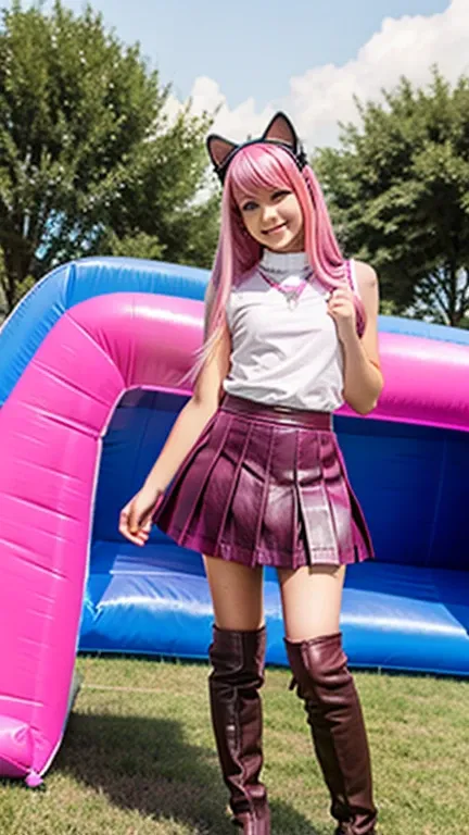  teenager with pink hair,  slim model , Leather Bürstenhalter , pleated leather skirt, leather arm warmer  ,  knee-high leather boots, Cat ears, bouncy castle ,  kniend 