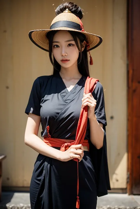  An Asian woman holds a Buddhist hat in both hands, blue flag 