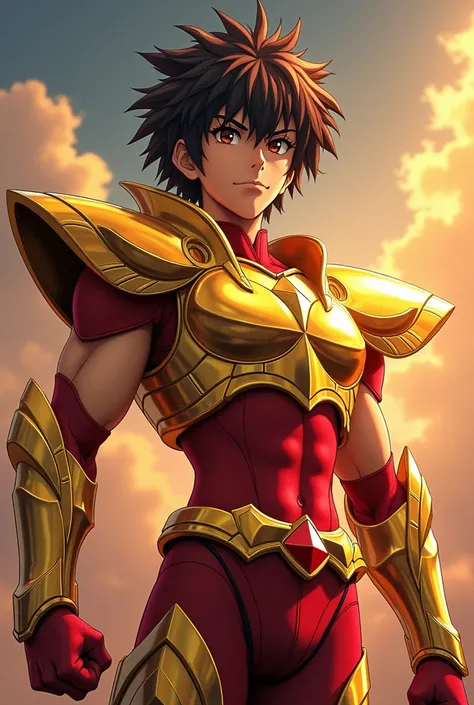  Extremely high saturation  (karya terbaik), full body photo, ( of the best quality), (1pria), mengenakan baju besi emas sparkling,  sexy underwear type armor,  exposes chest ,  exposes waistline ,  exposes thighs , cool pose , Armor Saint Seiya,  dishevel...