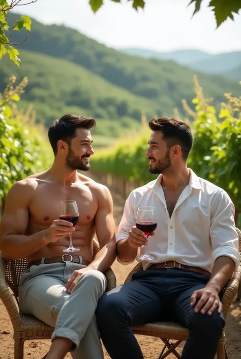 twin  , handsome, white skin men without beards, owners of the vineyard Koreans have six-packs. Sitting and drinking wine 