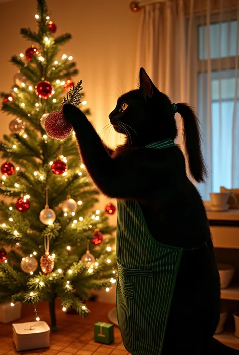 ultra-realistic, photorealistic, dramatic scene, shadow, global-illumination, (the human-like very large black cat with vertical striped green apron is decorating a Christmas tree in the stylish Japanese apartment room), (A beautiful with cute Japanese 20 ...