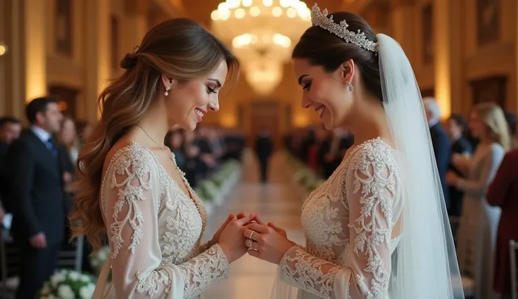 

"I want an 8K Ultra HD image.  
It should feature two beautiful Russian women in full-body view.  
They should be wearing stunning wedding outfits.  
Both women should be smiling.  
One woman should be putting a ring on the other’s finger to depict a wed...