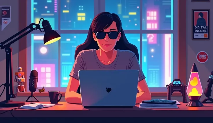  A digital illustration depicting a person sitting at a desk , Who wears a gray shirt, black sunglasses.  They have their arms crossed and are facing the viewer .  The background presents a vibrant urban landscape through a window ,  with colored lights th...