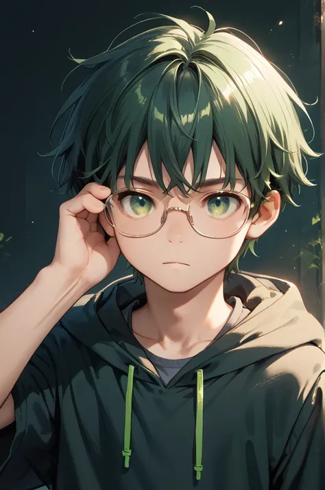 man, Age 20 years, glasses,  short hair,  dark green hair,  green eyes, Hood not on,  Looking at the viewer,  The best quality , HD model, Sonrisa, entorno en un gym