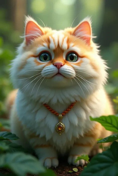  Persian cat with thick hairy peak nose color white orens, wearing a cute necklace ,  fat body and an adorable face ,  is flashed staring at the camera inside the forest , realistic, detail, 16K, cinematic. 