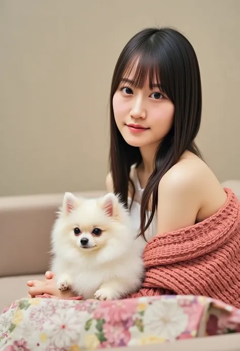 Woman Sitting on Couch 、A small white Pomeranian crawls on his lap。, The other side of the birthday cake ,  write a wish on the birthday cake ,  Celebrating a birthday , She is dark.,  white skin,  graceful face、Too  cute girl,  cute日本人の女の子, ,  with a plum...